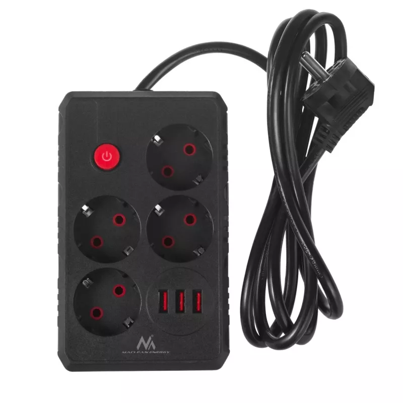 Strāvas sadalītājs MACLEAN MCE392 B — 4 kontaktligzdas, 3×USB, 110–240V, 2,1A, 2500W, 1,5 m kabelis, melns