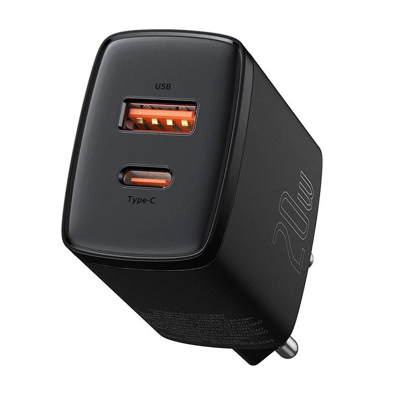 Iekštelpu USB ātrais lādētājs Baseus CCXJ-B01 — 2 porti (USB-C PD 20W + USB-A QC3.0 18W), 100–240 V, melns