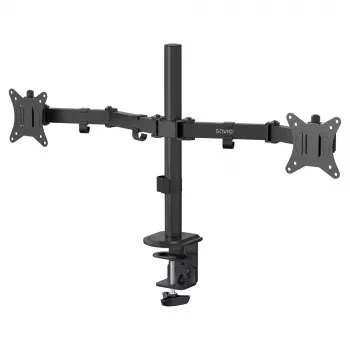 Monitor desk mount SAVIO UM-03 Melns, dual monitor clamp, VESA 100x100, supports 17 inch–32 inch, height/tilt/swivel/pivot