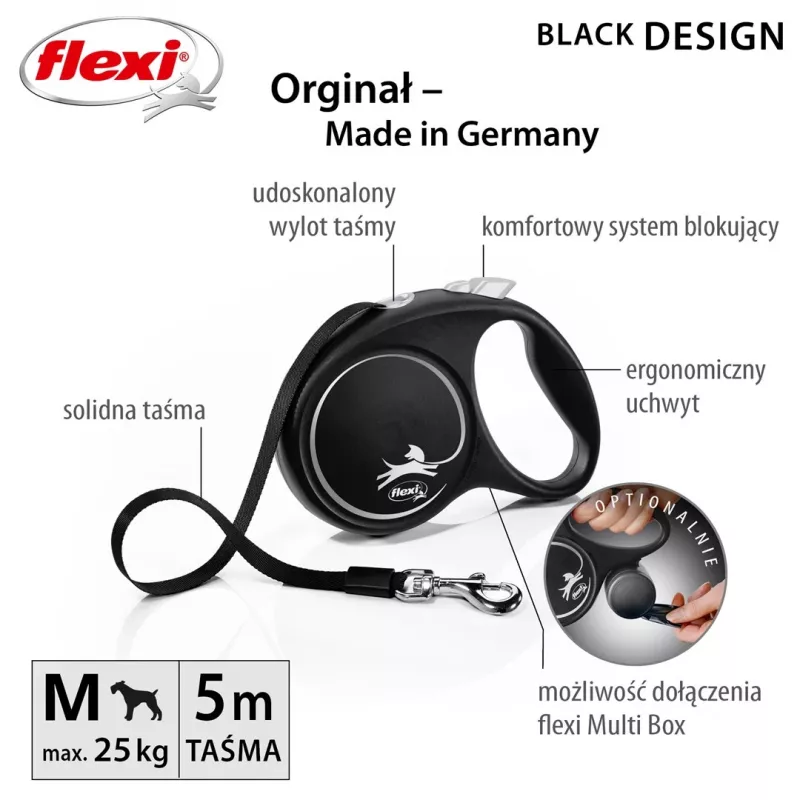 Saliekamā suņu pavada Flexi Melns Design M, lentes pavada, 5 m, vidēja izmēra šķirnēm (10–25 kg), maksimālā slodze 20 kg