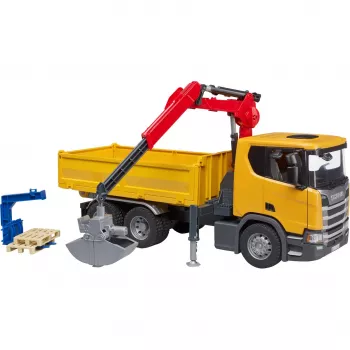 Rotaļu celtniecības kravas automašīna BRUDER Scania Super 560R ar celtni un 2 paliktņiem