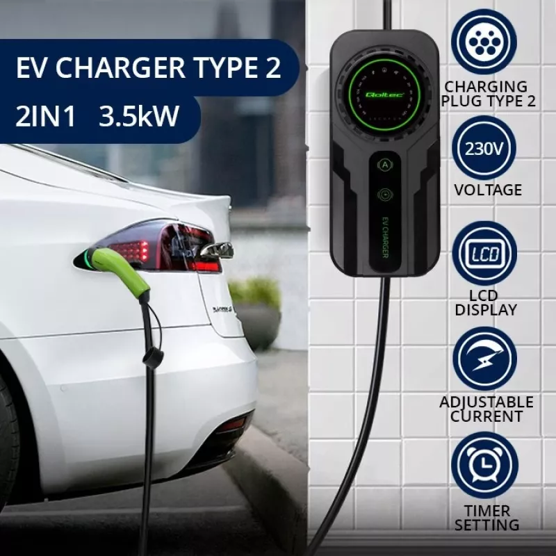 Mobilā EV uzlādes ierīce QOLTEC 52468 Type 2, 3,5 kW, 16 A, 5 m kabelis, IP65