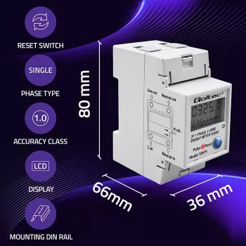 Elektrības skaitītājs QOLTEC vienfāzes DIN-iežugam 230V (MPN 50979)