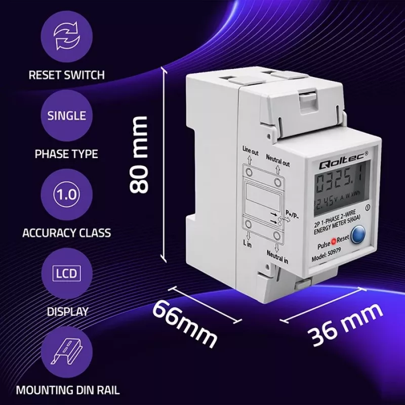 Elektrības skaitītājs QOLTEC vienfāzes DIN-iežugam 230V (MPN 50979)
