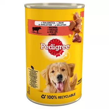 Mitrā suņu barība Pedigree Beef Adult 400 g bundža — liellopu gaļas garša, 7,2% olbaltumvielu, 3,8% tauku, 82,5% mitruma