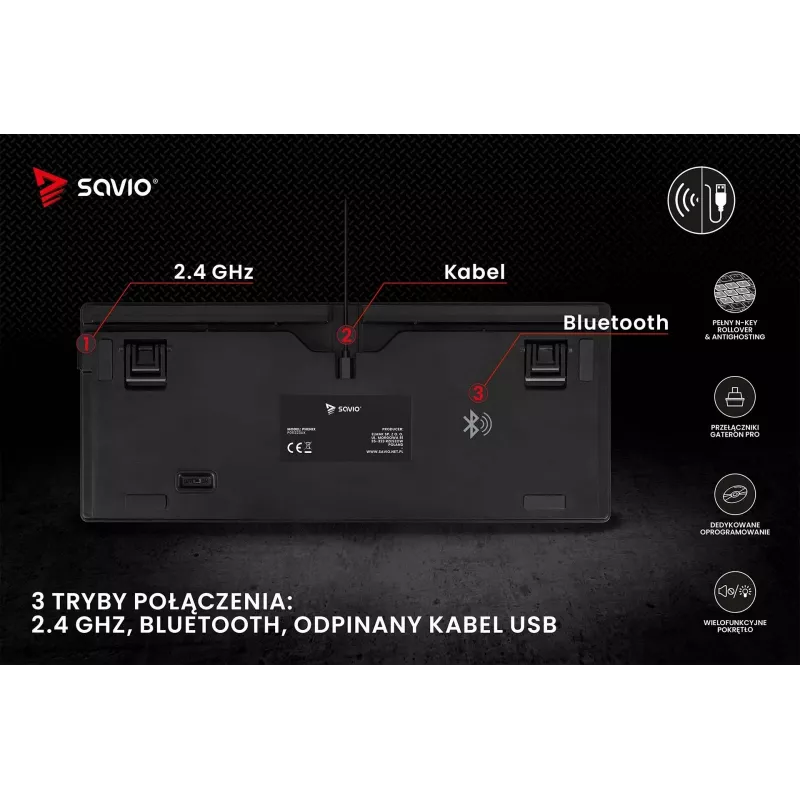 Savio Phenix SAVGK-RED spēļu tastatūra USB RF bezvadu Bluetooth QWERTY