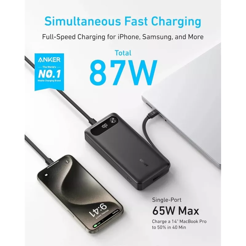 Pārnēsājams lādētājs Anker A1383011 — 20000 mAh, 1× USB-A + 1× USB-C, kopā 3.6 A, melns