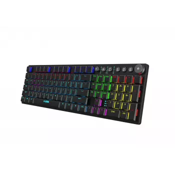 Klaviatūra IBOX AURORA K-6 — pilna izmēra QWERTY, RF bezvadu + Bluetooth, RGB apgaismojums, mehāniski zema profila taustiņi, melna