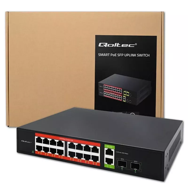 Tīkla komutators QOLTEC 52292 — Gigabit Ethernet PoE, 16x RJ45, 2x RJ45 augšupsaites, 2x SFP