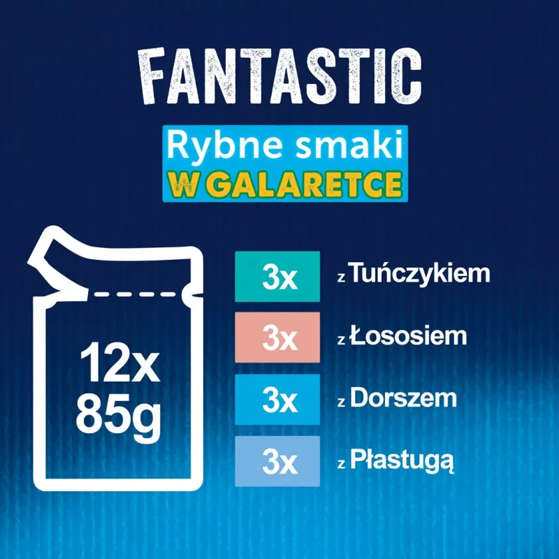 Mitrā kaķu barība Purina Nestlé FELIX Fantastic zivju garšas — tuncis, lasis, menca, plekste, 12×85 g paciņas