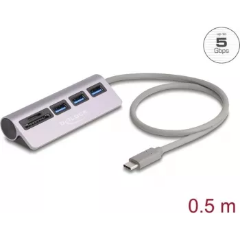 USB centrmezgls DELOCK 3‑portu 5 Gbps ar SD un microSD karšu lasītāju un USB‑C savienojumu