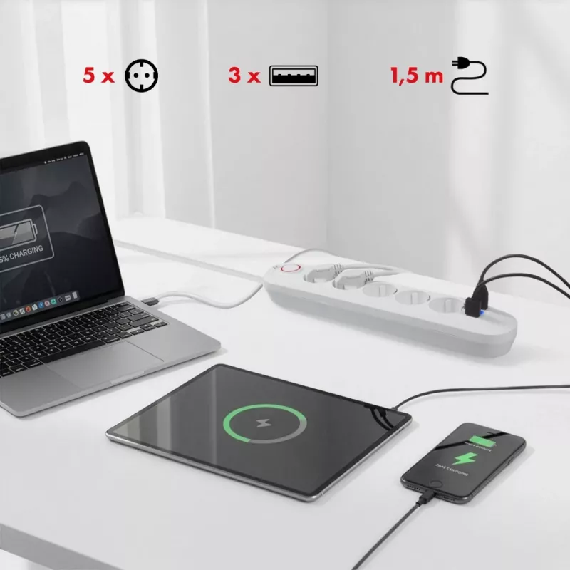 Strāvas sadalītājs MACLEAN MCE395 W — 5 rozetes, 3× USB A, 110–240 V maiņstrāva, 2.1 A USB, maks. 2500 W, balts, 1,5 m kabelis