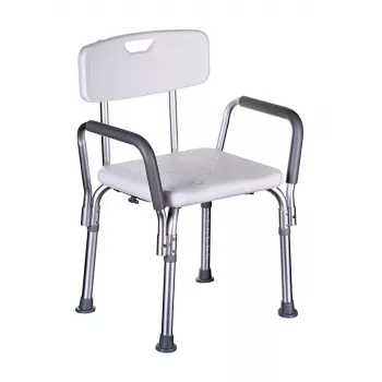 Dušas krēsls ActionMed KP300AM ar atzveltni un roku balstiem, polipropilēns, regulējams augstums 43–56 cm, sēdeklis 40×33 cm, maksimālais lietotāja svars 110 kg