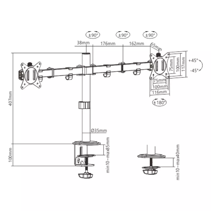 Monitora stiprinājums Gembird MA-D2-01 2 displejiem līdz 32 collām, VESA 75x75–100x100, skava, 18 kg, melns