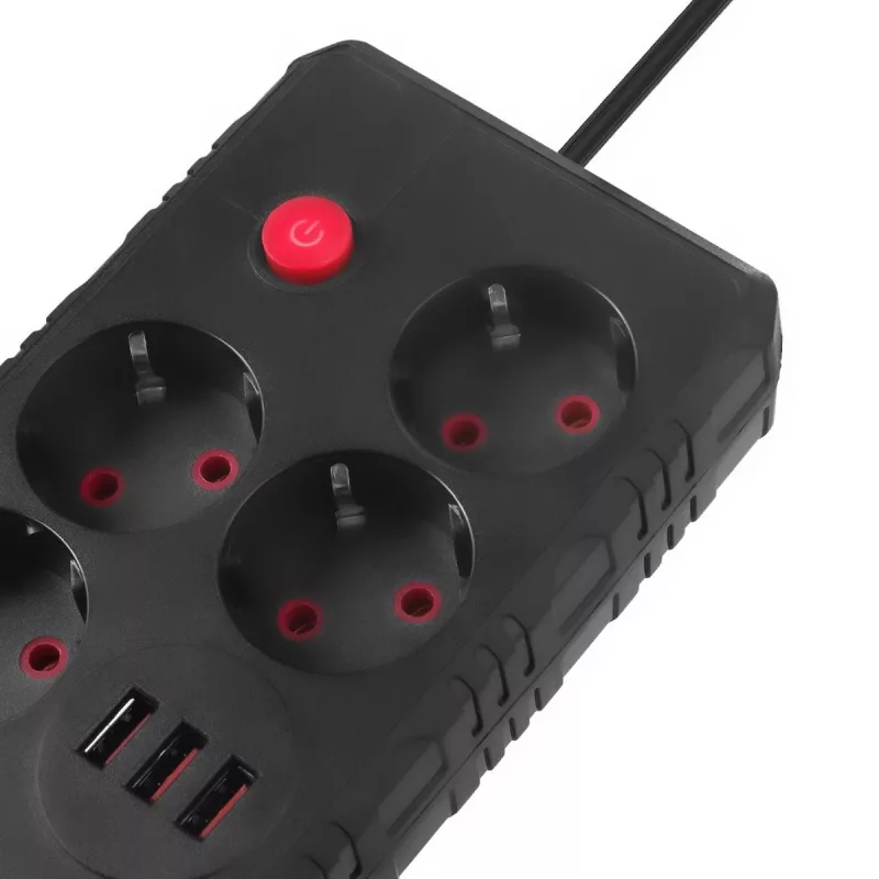 Pagarinātājs MACLEAN MCE393 B — 4 rozetes, 3×USB, 110–240V, 2500W, 3 m kabelis, melns