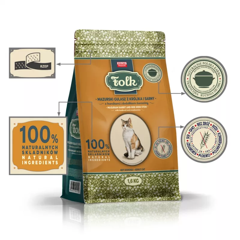 FOLK Mazūru stila trušu un stirnu sautējums ar bietēm un dzērvenēm - sausā kaķu barība - 1,6 kg