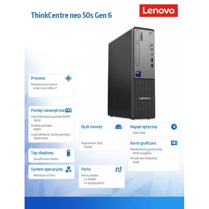 Galddators Lenovo ThinkCentre Neo 50s SFF 13DM002APB, Windows 11 Pro, Intel 7 265, 16GB RAM, 512GB SSD, integrētā grafika, 3 gadu garantija