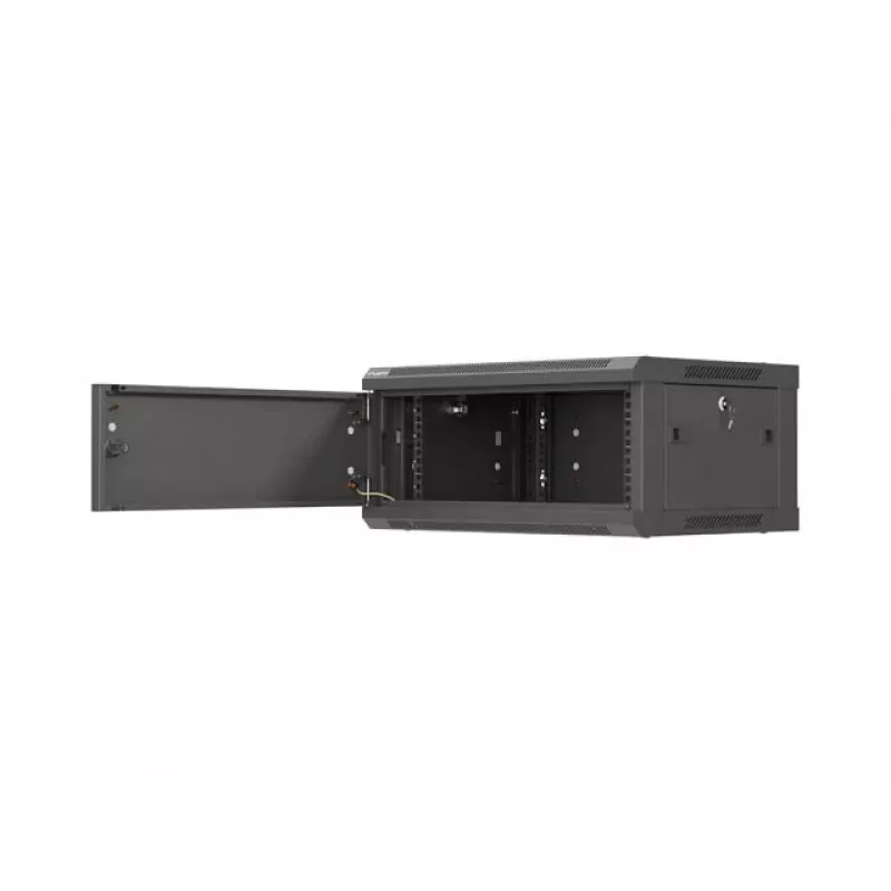 Pie sienas stiprināms 19 collu plaukta skapis LANBERG 4U 600x450 mm melns ar metāla durvīm