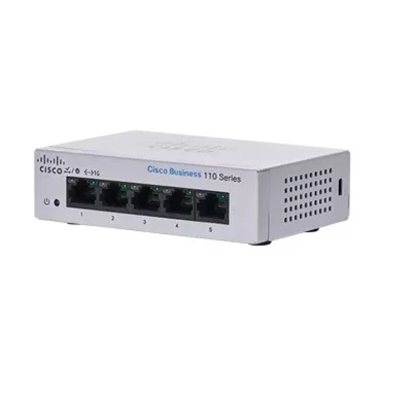 Nepārvaldīts L2 Gigabitu Ethernet slēdzis Cisco CBS110 — 5x RJ-45 10/100/1000, 1U, 12V līdzstrāva, 2048 MAC, 10 Gbit/s