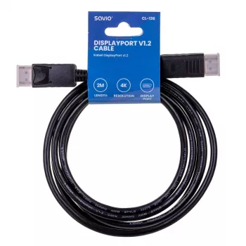 DisplayPort kabelis SAVIO CL-136, DisplayPort vīr.–vīr., 2 m, DP 1.2, zelta kontakti, melns