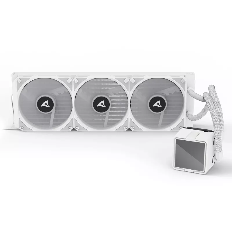 Viss-vienā centrālā procesora šķidruma dzesētājs Sharkoon S100 ARGB balts — 360 mm radiators, Infinity-Mirror efekts