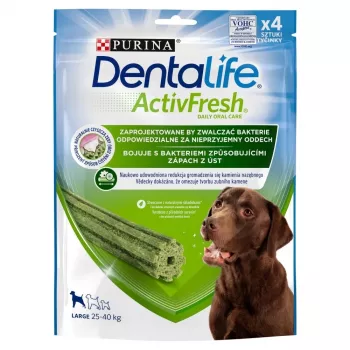 Zobu kopšanas našķis Purina Nestlé Dentalife Active Fresh Large 142 g — zobu kopšanas našķis lieliem suņiem (25–45 kg), ar mājputnu garšu
