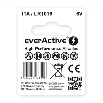 Baterija auto tālvadības pultij everActive 11A LR1016 MN11 6V sārma, poga 10.3×16 mm, 1 gab.