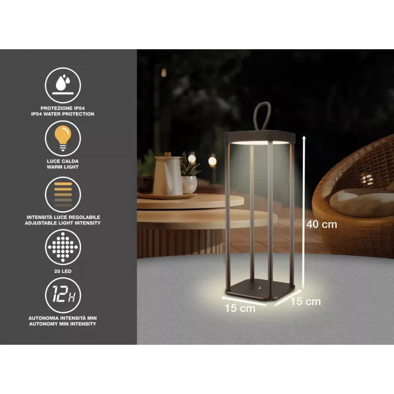 Uzlādējams laterna Beper P207ILI102 Corten apdarē, pārnēsājama ar baterijām darbināma lampa