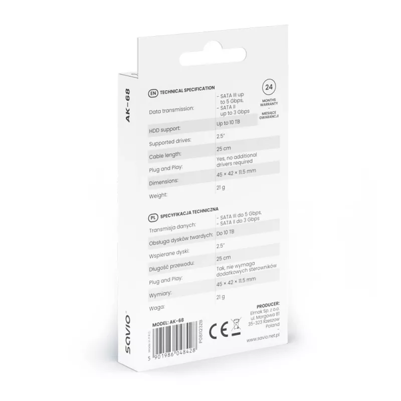 SAVIO SATA uz USB 3.1 Gen 1 interfeisa kabelis AK-68, SATA spraudnis uz USB-A spraudni, 5 Gbit/s, 0,25 m, melns