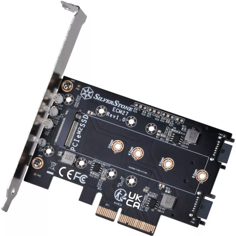 Silverstone SST-ECM27 M.2/SATA adapterkarte, PCIe 4.0, 1x M-Key, 2x SATA 6G - zema profila