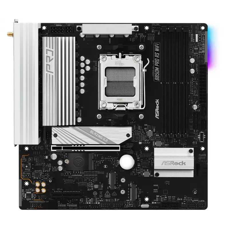 ASRock B850M Pro RS WiFi mātesplate — AMD B850, Socket AM5, microATX, DDR5, 4 DIMM, 256GB, Wi‑Fi 6E, 2.5Gb LAN, 3x M.2
