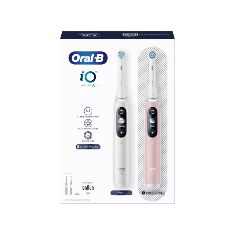 Braun Oral-B iO Series 6 Duo elektriskā zobu birste 2 iepakojumā balta/rozā