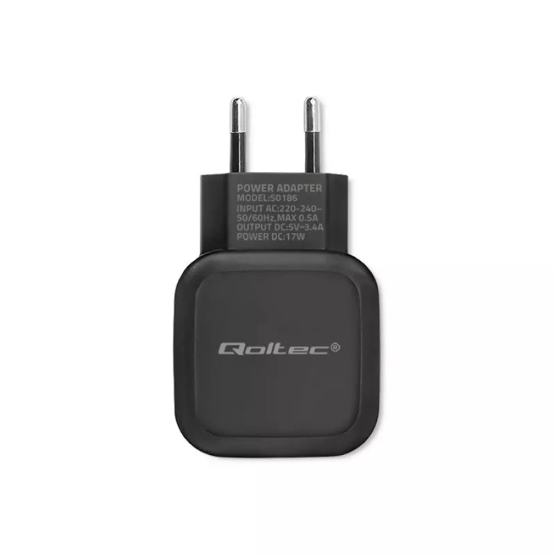 Maiņstrāvas iekštelpu lādētājs QOLTEC 50186 viedtālruņiem un planšetdatoriem, 5 V 3,4 A, 17 W, 2× USB, melns