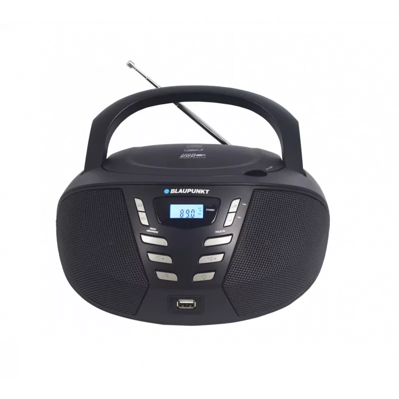 Portatīvais CD atskaņotājs Blaupunkt BB7BK — MP3, FM radio, USB, AUX, bateriju darbināms, 2x iebūvēti skaļruņi, 240×230×128 mm