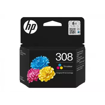 HP 308 trīskrāsu oriģinālā tintes kasetne, standarta iznākums, ciāna, fuksīna, dzeltena, uz krāsvielu bāzes, 1 gab., 120 lapas, komplekts