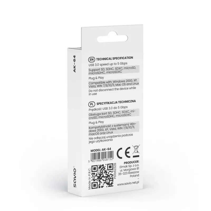Karšu lasītājs SAVIO AK-64 USB 3.2 Gen 1 Type-A izeja, MicroSD slots, 5000 Mbit/s, melns