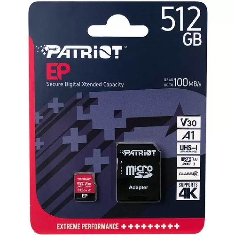 MicroSDXC atmiņas karte PATRIOT 512GB UHS‑I U3 V30 Class 10, lasīšanas ātrums līdz 90 MB/s, komplektā adapteris