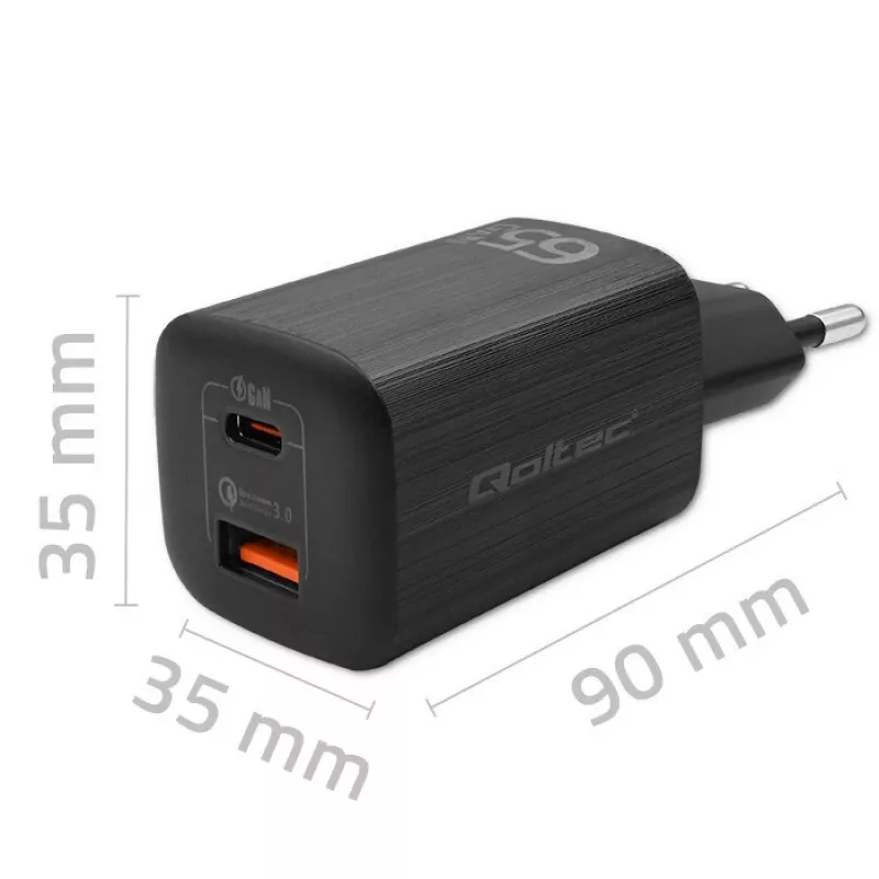 Qoltec 50766 mobilās ierīces lādētājs klēpjdatoram, pārnēsājamai spēļu konsolei, power bank, viedtālrunim, viedpulkstenim, planšetdatoram Melns AC Ātrā uzlāde Iekštelpām