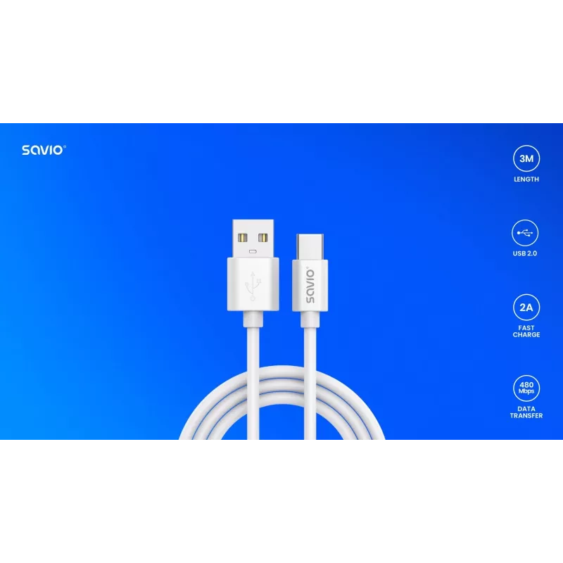 USB 2.0 kabelis SAVIO CL-168, USB A (vīrišķais) uz USB C (vīrišķais), 3 m, balts