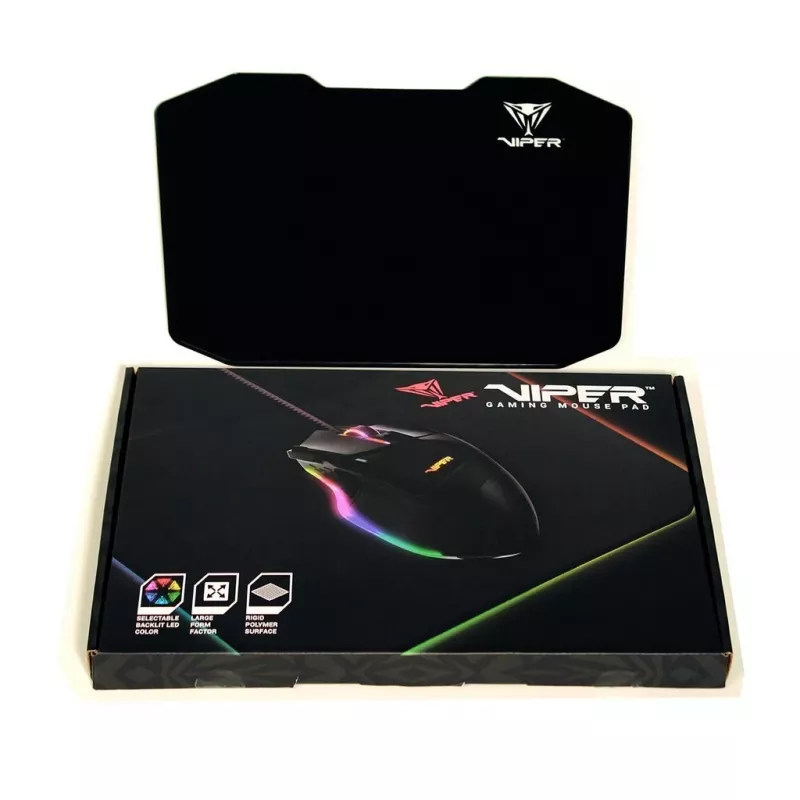 Peļu paliktnis PATRIOT Viper Gaming melns — polimērs/gumija, LED fona apgaismojums, USB barošana, neslīdoša pamatne, 353,5×242,7 mm, 5,5 mm biezums