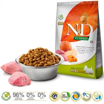 Sausā suņu barība Farmina N&D Pumpkin Adult Mini Boar & Apple — 7 kg, bezgraudu, 30% olbaltumvielu, 18% tauku, mazām pieaugušām suņu šķirnēm