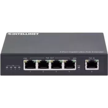 Intellinet 4-Port Gigabit Ultra PoE paplašinātājs, palielina PoE diapazonu līdz 100 m (328 pēdām), 90 W PoE jaudas budžets, četri PSE porti ar līdz 30 W izeju, atbilst IEEE 802.3bt/at/af, metāla korpuss