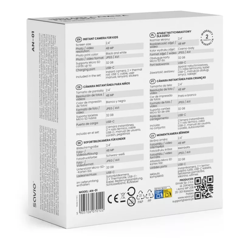Momentfoto kamera bērniem SAVIO AN-01, balta, 2,4 collu LCD, MicroSDHC līdz 32 GB, USB-C, 1200 mAh akumulators, bez iebūvētas zibspuldzes