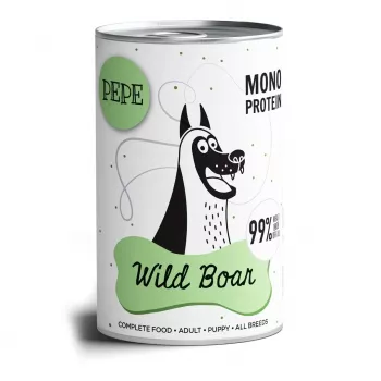 Mitrā suņu barība PAKA ZWIERZAKA Pepe mežacūka 400 g — pieaugušiem suņiem, meža cūkas garša, 8,2% olbaltumvielu, 6,2% tauku, bundža