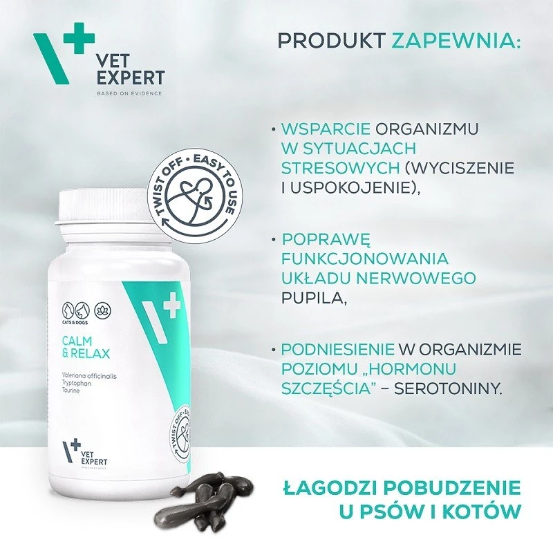 Nomierinošs uztura bagātinātājs VETEXPERT Calm&Relax 30 kapsulas suņiem un kaķiem, bez glutēna, bez konservantiem, kapsulu formā