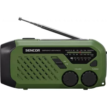 Portatīvs FM/AM radio SENCOR SRD1000SCLGR ar Bluetooth, saules/rokas kloķa/USB-C uzlādi, 2000mAh baterija, IPX4, LED gaismas