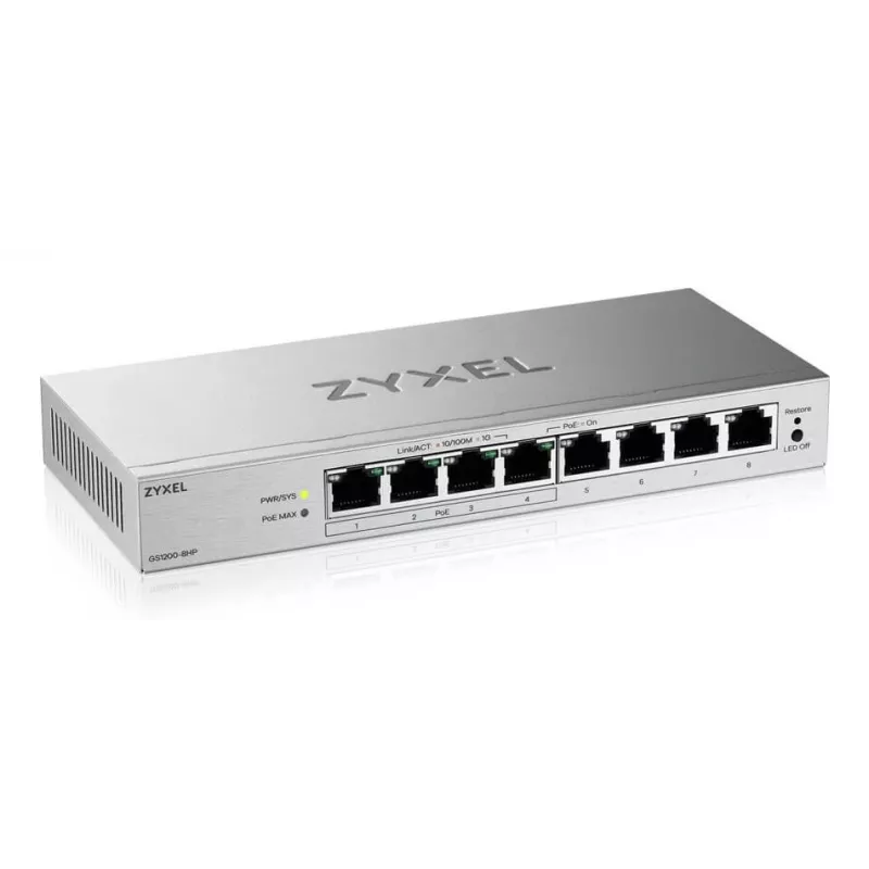 Zyxel GS1200-8HPV3 pārvaldāms L2 līmeņa Gigabit Ethernet (10/100/1000) slēdzis ar PoE atbalstu, pelēks, galda tipa