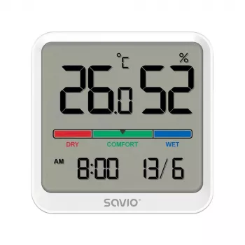 Iekštelpu temperatūras un mitruma sensors SAVIO CT-01/W, LCD displejs, -10–55°C, 10–99%RH, baterija CR2032