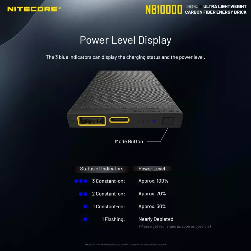 Pārnēsājams ārējais akumulators Nitecore NB10000 — 10000 mAh, USB‑A + USB‑C, 38 W kopējā izeja, pelēks