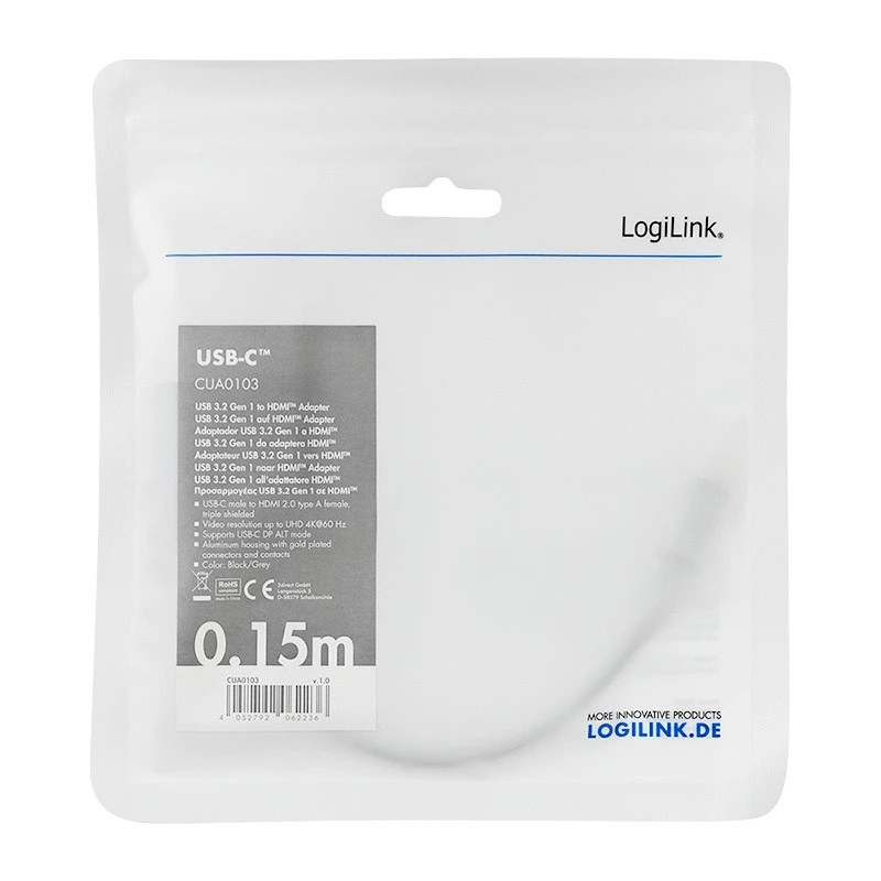 LogiLink CUA0103 USB 3.2 Gen1 Type-C uz HDMI-A kabelis 0,15 m Melns Pelēks